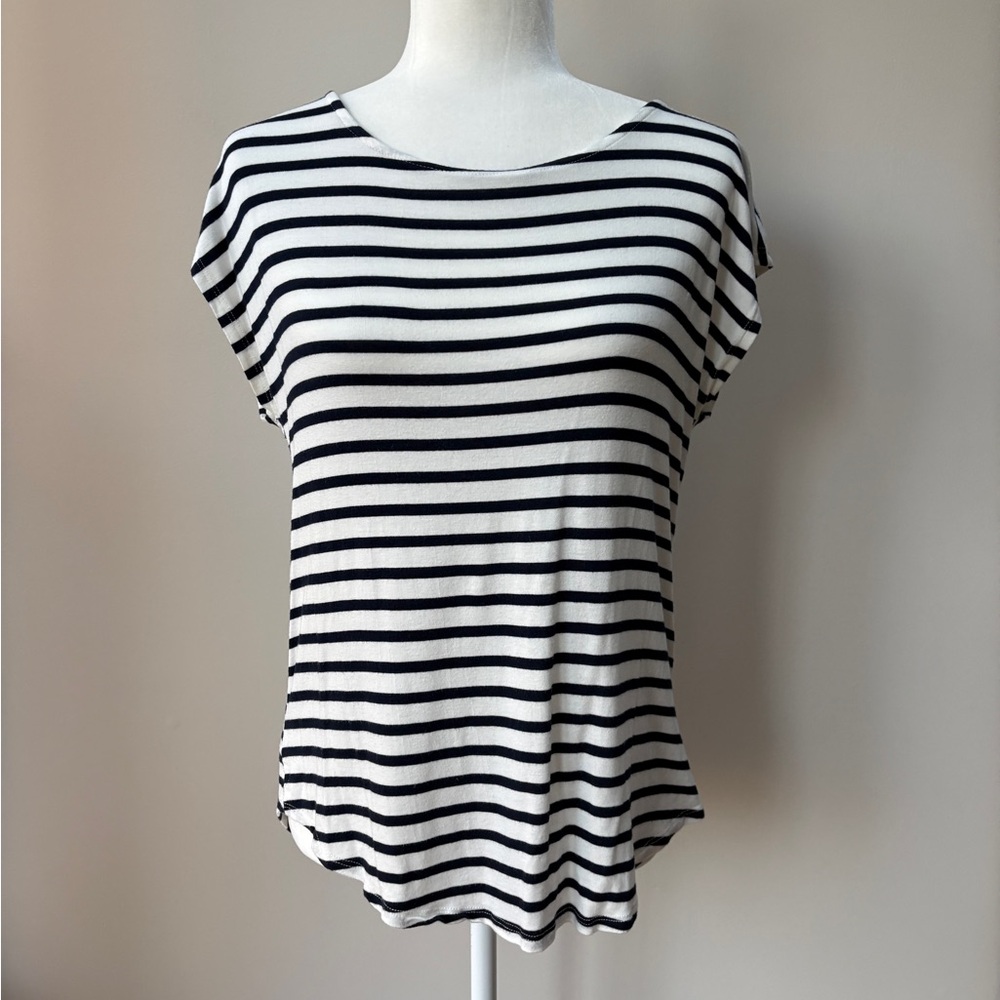 Green Envelope Navy Blue & White Striped Short Sleeve Tee